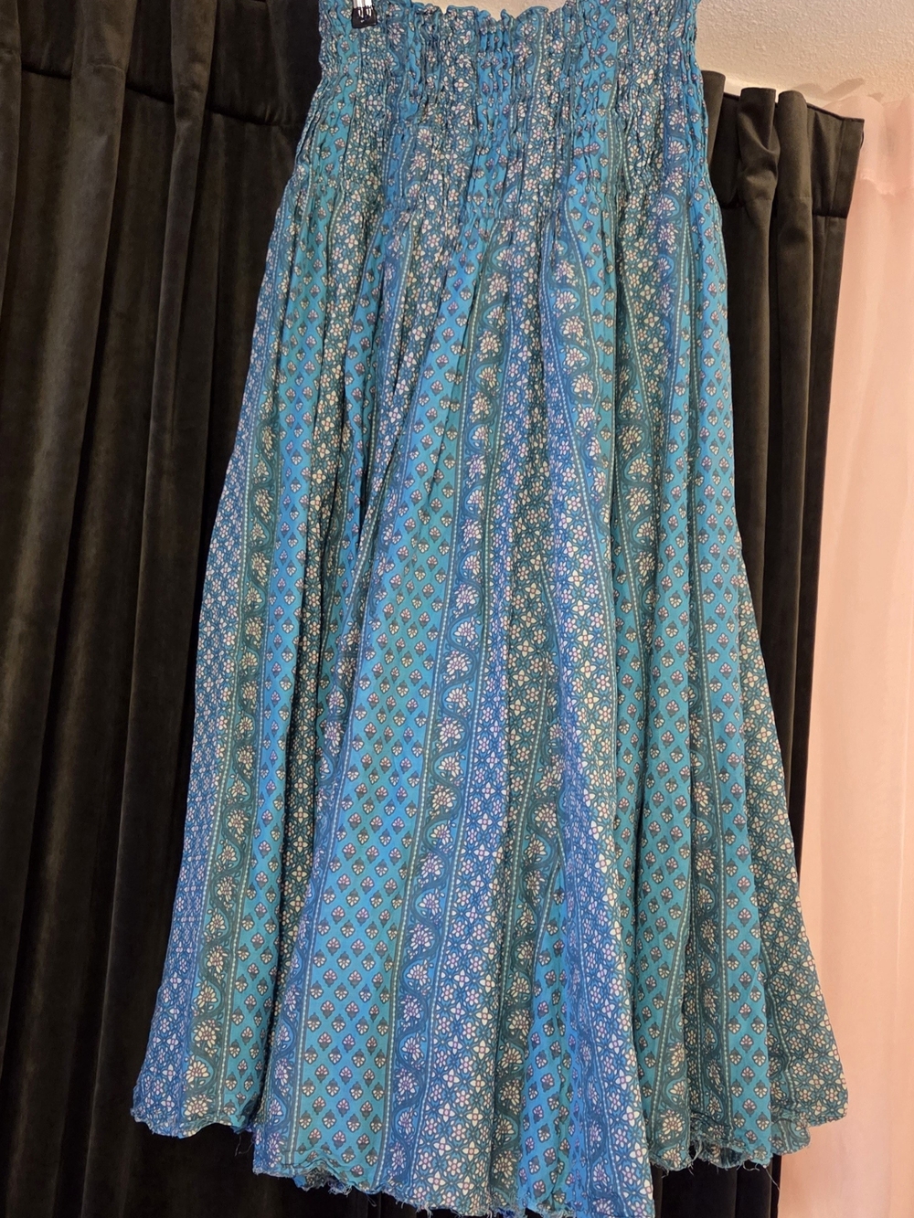 Natural Life Smocked Maxi Skirt M Blue Teal Boho Convertible Dress Floral